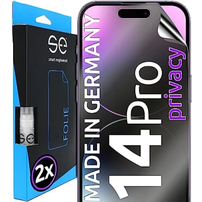 Abbildung von 2x se® 3D SCHUTZFOLIE Privacy für Apple iPhone 14 Pro ,Blickschutz entspiegelt, 100% Fingerabdruck &amp; FaceID kompatibel, anti Fingerabdrücke, Stoß Kratzfest, hüllenfreundlich, produziert in Deutschland