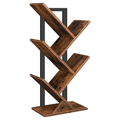 Abbildung von HOOBRO Bücherregal, Standregal mit 4 Ebenen, Holz DVD Regal, in Baumform, Metallgestell, für Wohnzimmer, Arbeitszimmer, Kinderzimmer, Vintagebraun EBF04SJ01G1