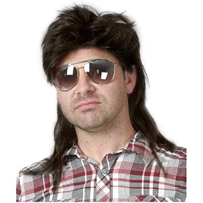 Abbildung von Perücke Männer Schwarz Vokuhila 80er Mullet Herren Lang Synthetische Haare Cosplay Halloween Kostüm Party
