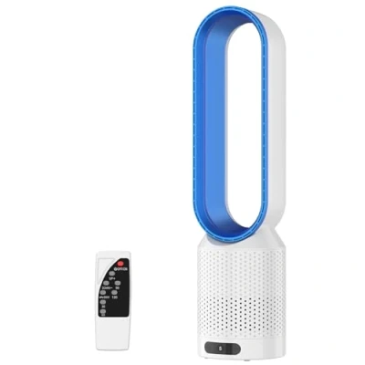 Abbildung von UOEONR 2in1 Turmventilator sehr leise &amp; Luftreiniger,Rotorloser Ventilator,mit Fernbedienung, 8 Geschwindigkeiten,90 Oszillation,Timer,oszillierender Raumkühler für Schlafzimmer, Büro (Blau)