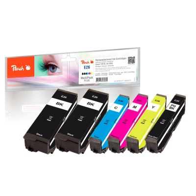 Abbildung von Peach E26 Spar Pack Plus Druckerpatronen (2xBK, PBK, C, M, Y) ersetzt Epson No. 26, C13T26164010 für z.B. Expression Premium XP 510, 520