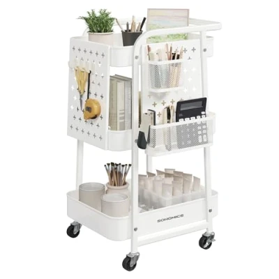 Abbildung von SONGMICS Rollwagen, Küchenwagen, 3 Metallgitterablagen, Servierwagen, 2 abnehmbare Lochplatten, Hängekörbe, 4 Haken, für Büro, Küche, Wohnzimmer, Badezimmer, wolkenweiß LRC037W01