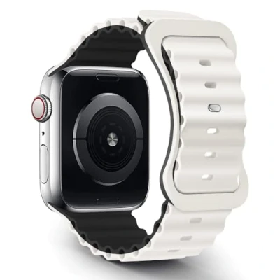 Abbildung von TANAKEY Ocean Armband Kompatibel für Apple Watch Ultra 49/45/44/42mm, Sport Silikon Ersatzarmband iWatch Serie 9/8/7/6/5/4/3/2/1/SE (49/45/44/42mm, Weiß/Schwarz)