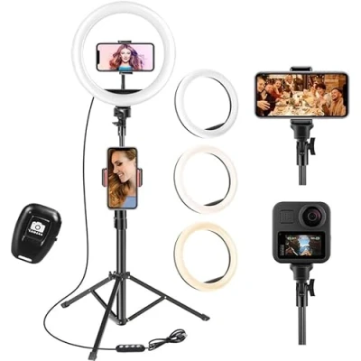 Abbildung von Lichtring mit Stativ, 25,4 cm (10 Zoll), Fernbedienung, 3 Modi, 10 einstellbare Helligkeiten, für TikTok, Make up, Selfie, Streaming, YouTube, Twich Live