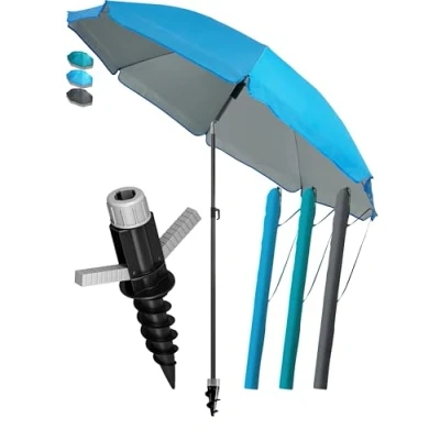 Abbildung von 4smile Sonnenschirm Strand SunnyJoy Ø 200 cm, 3 IN 1 Set UPF 50+ Strandschirm + Schutzhülle Bodenhülse windfest stabil, Sonnenschutz Strand, Gartenschirm, Blau