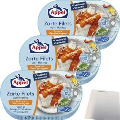 Abbildung von Appel Zarte Filets vom Hering Balance Gemüse Ingwer 3er Pack (3x200g Dose) + usy Block