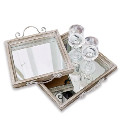 Abbildung von Mirabeau Tablett 2er Set Tess grau/silber, Tannenholz, Einsatz: Glas, Griff: Stahl