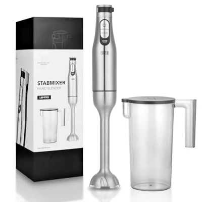 Abbildung von LEBENLANG Premium 1200W Stabmixer Edelstahl Inkl. 1000ml Messbecher &amp; Spritzschutz I Stufenlos verstellbar Turbo Elektrische Hand Blender Pürierstab Zauberstab Mixstab Purierstabmixer