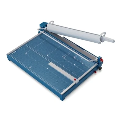 Abbildung von Dahle 569 Hebel Schneidemaschine mit manueller Bügelpressung (700 mm bis DIN A2, Schnitthöhe 3,5 mm, Metalltisch) Blau