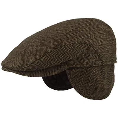 Abbildung von Herren Winter Schiebermütze mit Ohrenklappen Flatcap Schirmmütze aus 100% Wolle im Fischgrat Design ausklappbarem Ohrenschutz Hautfreundlich &amp; Bequem, 58, Braun