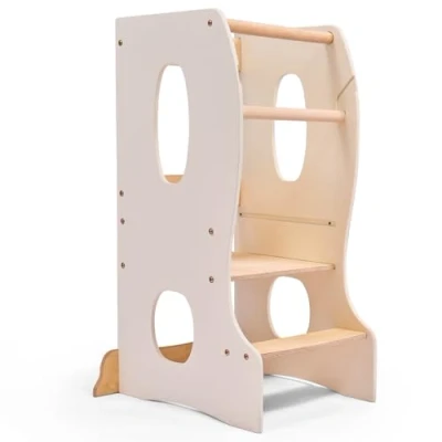 Abbildung von Lernturm Montessori Höhenverstellbarer Kinderstuhl aus Holz ab 1 Jahr Sicherer Steh und für Küche, Spiel &amp; Lernen (Ivory)
