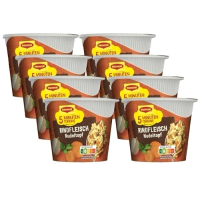 Abbildung von MAGGI 5 Minuten Terrine Rindfleisch Nudeltopf, leckeres Fertiggericht, Instant Nudeln mit und Karotten, 8er Pack (8 x 42g)