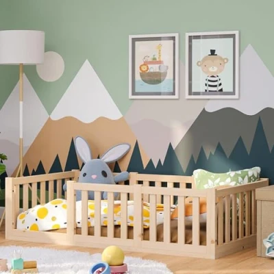 Abbildung von Bellabino Tapi Bett 80x160 cm, Kinderbett mit Rausfallschutz, inklusive Lattenrost, Montessori Bodenbett für Jungen und Mädchen aus Kiefer Massivholz, Natur lackiert, Bed