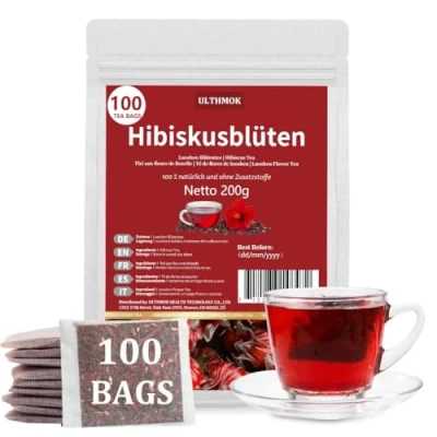 Abbildung von Hibiskusblüte Tee，Hibiskustee 100 Teebeutel(je 2g)，Getrocknete Hibiskusblüte, Natürlich und Ohne Zusatzstoffe, Koffeinfrei