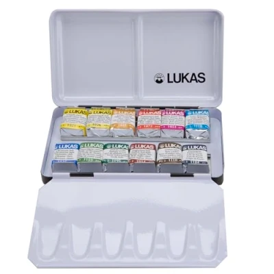 Abbildung von LUKAS AQUARELL 1862, Aquarellfarben in Profi Qualität, Set mit 12 x 1/2 Näpfchen im Metallkasten, rot
