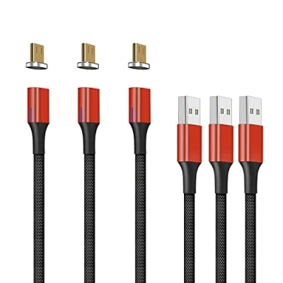 Abbildung von NetDot Gen10 Micro USB Ladekabel, magnetisch, aus geflochtenem Nylon, mit seitlichem Del, kompatibel Android Gerät (1m, 3 Stück, rot)