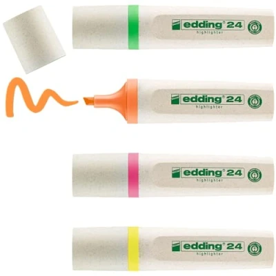 Abbildung von edding 24 EcoLine Textmarker 4er Set gelb,orange,pink,grün Keilspitze 2 5mm zum unkomplizierten und schnellen Markieren Hervorheben von Texten,Notizen nachfüllbar, recyclebares Material