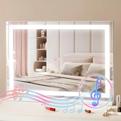 Abbildung von VEVOR Hollywood Schminkspiegel mit Beleuchtung, Kosmetikspiegel 3 Farbbeleuchtungsmodi, LED Lichtern, 5 fache Vergrößerung, Bluetooth, USB, Smart Touch Steuerung, 797x547mm