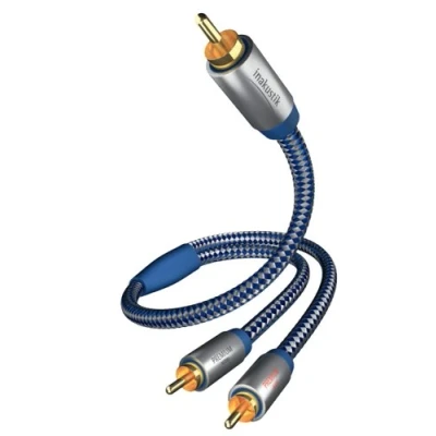 Abbildung von inakustik 0040805 Premium Y Subwooferkabel Für kraftvollen und dynamischen Bass dank eines hohen Kupfergehaltes 5,0m in Blau/Silber 2 fache Abschirmung Vollmetallstecker moderner Geflechtschirm