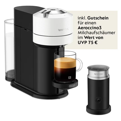 Abbildung von Nespresso Kapselmaschine &quot;Vertuo Next ENV 120.W von DeLonghi, White&quot;, inkl. Aeroccino Milchaufschäumer im Wert UVP 75,
