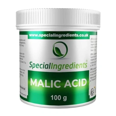 Abbildung von Special Ingredients Apfelsäure Pulver (Malic Acid) Premium Qualität Extra Feines Vegan, GVO frei, Glutenfrei Recycelbarer Behälter (100g)