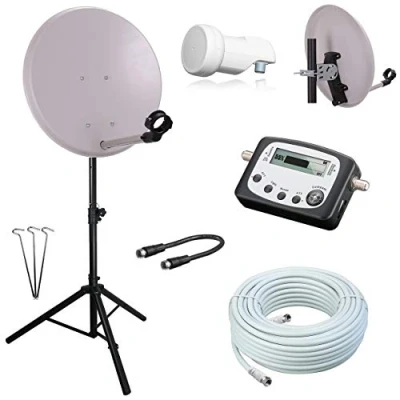 Abbildung von netshop 25 Digital Camping SAT Anlage 40 cm Spiegel + Digitaler Finder HD Single LNB 10m Kabel Dreibein Stativ