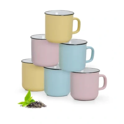 Abbildung von matches21 HOME &amp; HOBBY Tasse Kaffeebecher 6er Set Emaille Optik einfarbig Pastellfarben, Keramik, Tee Kaffee Becher, modern Vintage, rosa gelb blau, 300 ml