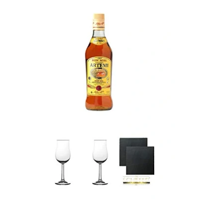 Abbildung von RON MIEL ARTEMI 20% 1,0 Liter + 2 Bugatti Nosing Gläser mit Eichstrich 2cl und 4cl Schiefer Glasuntersetzer eckig ca. 9,5 cm Ø