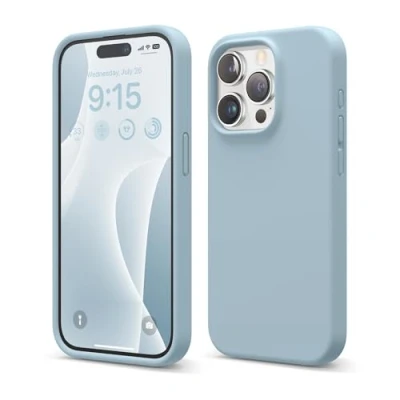 Abbildung von elago Kompatibel mit iPhone 15 Pro Hülle, 15,5 cm Full Cover Liquid Silikon Handyhülle Stoßfest Weiches Mikrofaserfutter Kratzfest (Himmelblau)