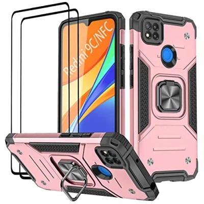 Abbildung von KANSi Hülle kompatibel für Xiaomi Redmi 9C NFC/Redmi 9C, Schutzfolie [2 Stück] Silikon TPU Hart PC Handy Hüllen 360 Grad Drehbar Ringhalter Bumper Stoßdämpfung Schutzhülle Rosé Gold