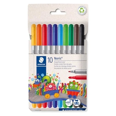 Abbildung von Staedtler Noris 320 Doppelfasermaler, eindrucksichere Spitze, auswaschbar, Strichbreite 1 3 mm, Kartonetui mit 10 Fasermalern in sortierten Farben, C10