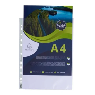 Abbildung von Exacompta Referenznr. 5320E Box mit 100 Prospekthüllen, gelocht, aus recyceltem Polypropylen, Stärke 6/100, Maße: 23 x 30,5 cm, Format A4, Farbe Kristall