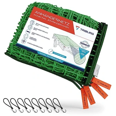 Abbildung von TRIBURG Anhängernetz 2x3,5 inkl. 8X Expander Haken Anhänger Netz mit Eckmarkierungen und Randverstärkung Gummispanner [Spanngummi Haken]