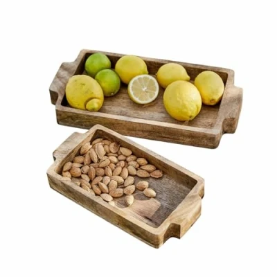 Abbildung von Loberon Tablett 2er Set Buer, Zwei Größen, rustikales Design, natürliche Holzmaserung, Küchenzubehör, Servierhilfe, Mangoholz, braun