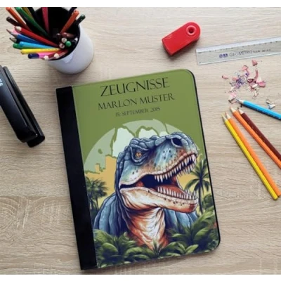 Abbildung von CreaDesign Zeugnismappe personalisiert mit Namen, Zeugnis Mappe Dinosaurier T Rex Zeichnung 10 Klarsichthüllen, A4, 26,7 x 32,7 1 cm, Rücken schwarz