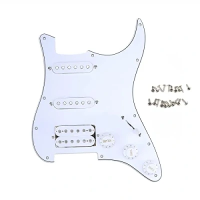 Abbildung von Musiclily 11 Hole HSS Prewired Schlagbrett ST Loaded Pickguard mit Single Coil Humbucker Tonabnehmer Set für Strat style E Gitarre, 3 lagig Weiß