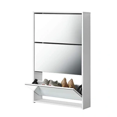 Abbildung von [en.casa] Schuhschrank Lund 102,5 x 63 17 cm Schuhkipper Schuhbank Schuhaufbewahrung 3 Aufbewahrungsfächer Verspiegelt Weiß