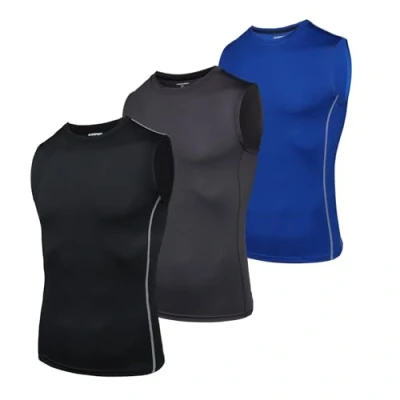 Abbildung von AMZSPORT Herren Kompressions Tanktop Ärmellos Funktionsshirts Baselayer Unterhemd Schwarz Grau Blau (3er Pack) L