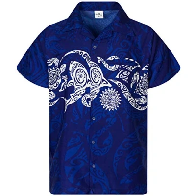 Abbildung von King Kameha Funky Hawaii Hemd, Herren, Kurzarm, Maori Chest, Blau, XXL