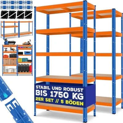 Abbildung von MASKO® 2er Set Lagerregal Schwerlastregal, Kellerregal, 180x90x40cm, bis 875 kg belastbar, 5 verstellbare Ablagen, MDF Platten Regal aus Metall, Steckregal, Werkstattregal, Keller, Garage Orange Blau