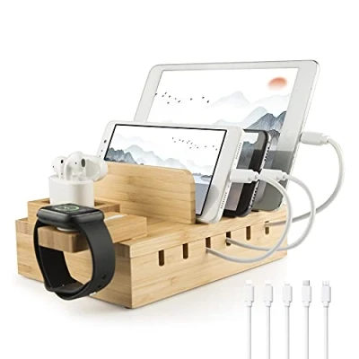 Abbildung von YOJA Ladestation für mehrere Geräte, Bambus, 5 Port USB Multi Ladestation, Holz Handy, Tablet, Uhr, Kopfhörer, Uhrenpods, Ladegerät mit kurzen Kabeln, Bambus Design