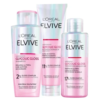 Abbildung von L&#039;Oréal Paris Elvive Glycolic Gloss Haarkur Elvital mit Glykolsaure Set Shampoo 200ml + Conditioner 150ml 5 Minuten Haar Laminierung für Stumpfes Poröses 3 Flaschen