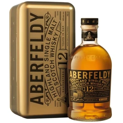 Abbildung von Aberfeldy 12 Jahre alter Highland Scotch Single Malt Whisky in goldener Geschenkdose, im Eichenfass gereift, Noten von Honig, Früchten, Gewürzen, Vanille &amp; ein Hauch Rauch, 40% Vol., 70 cl/700 ml