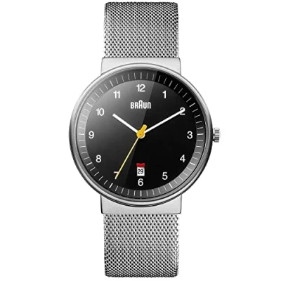 Abbildung von Braun Mens 3 Hand with Date Analogue Quartz Watch, Black Dial and Steel Milanese Mesh Strap, 40mm Stainless Case, Model BN0032BKSLMHG.
