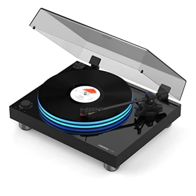 Abbildung von Reloop Turn 7 Riemenangetriebener HiFi Plattenspieler mit Ortofon 2M Red, Acryl Plattenteller LED Beleuchtung, dezentralem Antriebsmotor externer Riemenführung und Carbon Tonarm