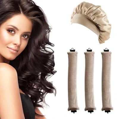 Abbildung von JINJUMEI 3 Stück Hitzefreier Lockenwickler und 1 Seidenhaube Atmungsaktive zum Schlafen, Ohne Hitze Haarnudel for Long Hair, Hitzefreie Locken Über Nacht für Alle Haartypen