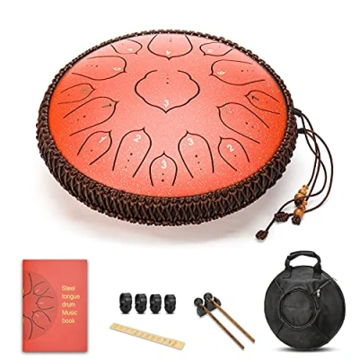 Abbildung von Amkoskr Stahlzungentrommel, 14 Zoll 35 cm Steel Tongue Drum, D Dur 15 Noten, Handtrommel HandPan Drum mit Drumsticks/Tragetasche(Rot)
