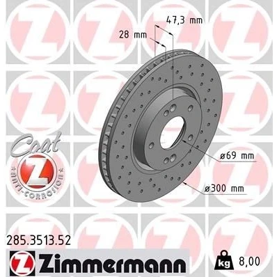 Abbildung von ZIMMERMANN SPORT COAT Z 285.3513.52 Bremsscheibe 300 28 7/5 5 114 innenbelüftet, gelocht beschichtet HYUNDAI: i30 I Schrägheck, II Schrägheck