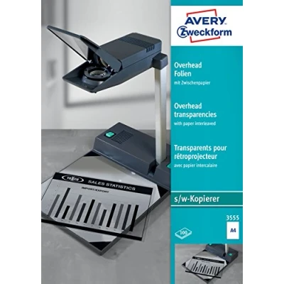 Abbildung von AVERY Zweckform 3555 Overhead Folien für S/W Kopierer (100 Transparentfolien, A4, unbeschichtet, nur Einzelblatteinzug, mit Zwischenpapier, Folienstärke 0,10mm, lösemittelfrei)