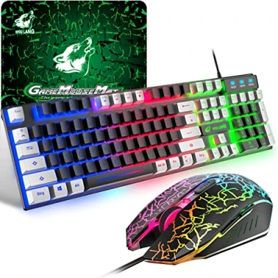 Abbildung von Gaming Farbblock Tastatur und Maus Set, QWERTZ German Layout Regenbogen LED Hintergrundbeleuchtung Ergonomische Keyboard 6 Tasten 2400 DPI Mauspad, USB Verkabelt, Schwarz+Weiße Tastenkappen